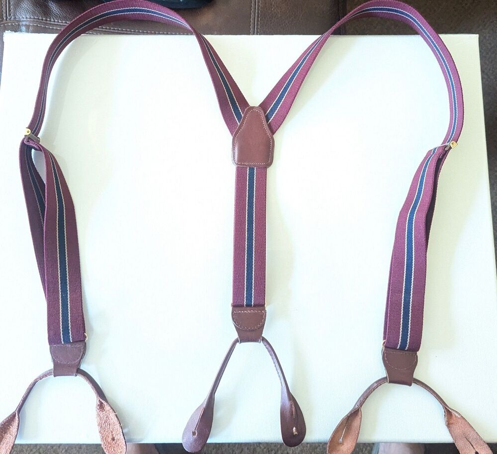CAS W Germany Burgundy Navy Stripe Leather Button Suspenders Braces Vintage